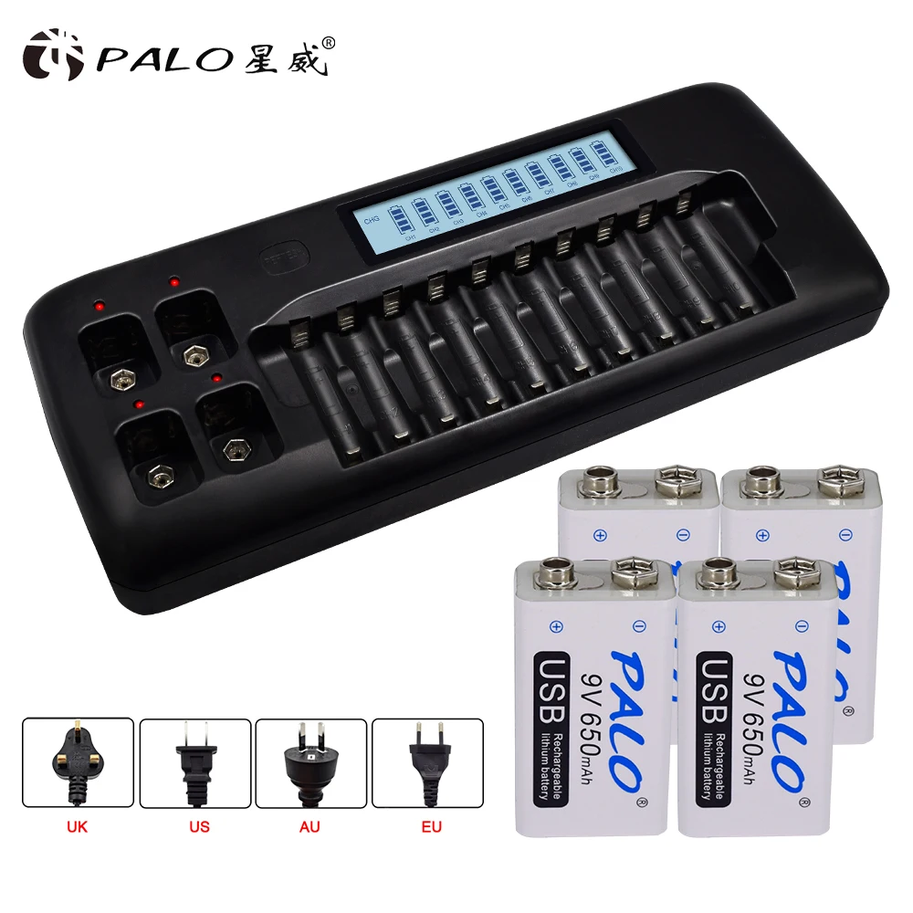 PALO – chargeur de batterie 9V, pour batteries 3.7V/9v 1.2v aa aaa ni-mh  ni-cd, avec 4 batteries usb 9V - AliExpress