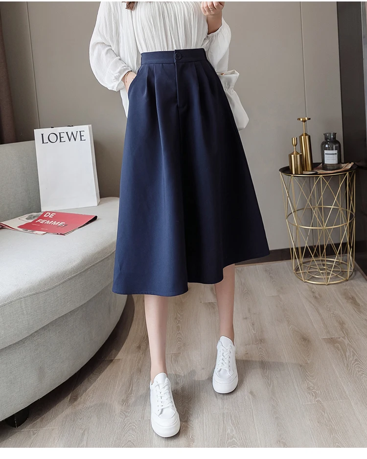 2021 New Spring Summer High Waist Midi Skirt Women Casual Pocket Solid Color Loose A-Line Umbrella Skirt Female Petticoat tutu skirt