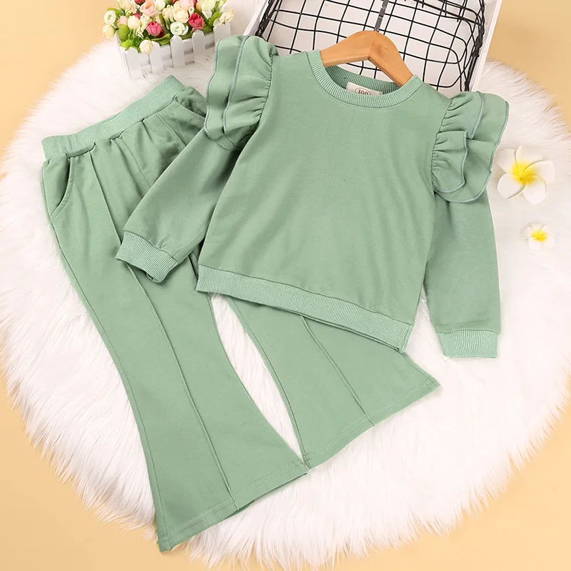 

2022 Winter Fashion New Children Clothing Set For Girls Solid Color Ruffle Long-Sleeved Blouse Wide-Leg Trousers Two-Piece Suits