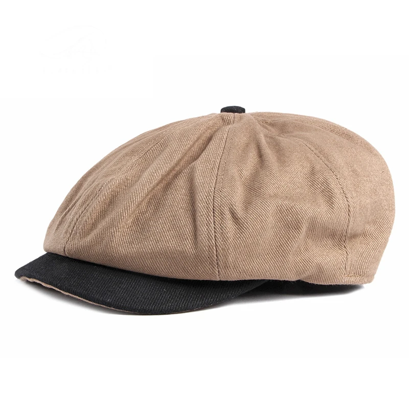 Khaki FS, британский стиль, восьмиугольные шляпы для мужчин, зимняя теплая хлопковая шапка, одноцветная, женская кепка Newsboy, черная, серая, таксистка, шапка художника - Цвет: Khaki