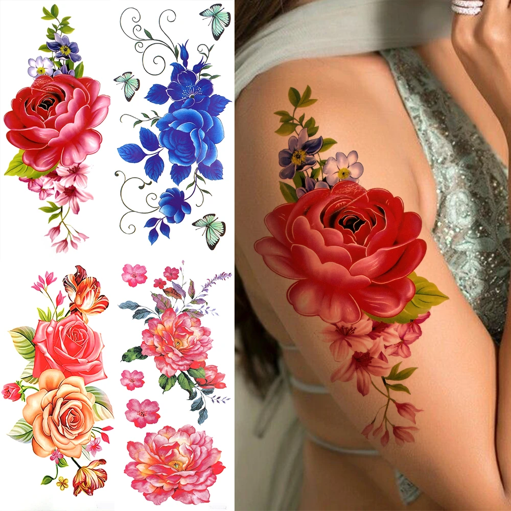 3d Rose Flower Temporary Tattoos For Women Adults Watercolor Realistic Lotus  Tattoo Sticker Fake Thigh Tatoos Peony Carnations - Temporary Tattoos -  AliExpress