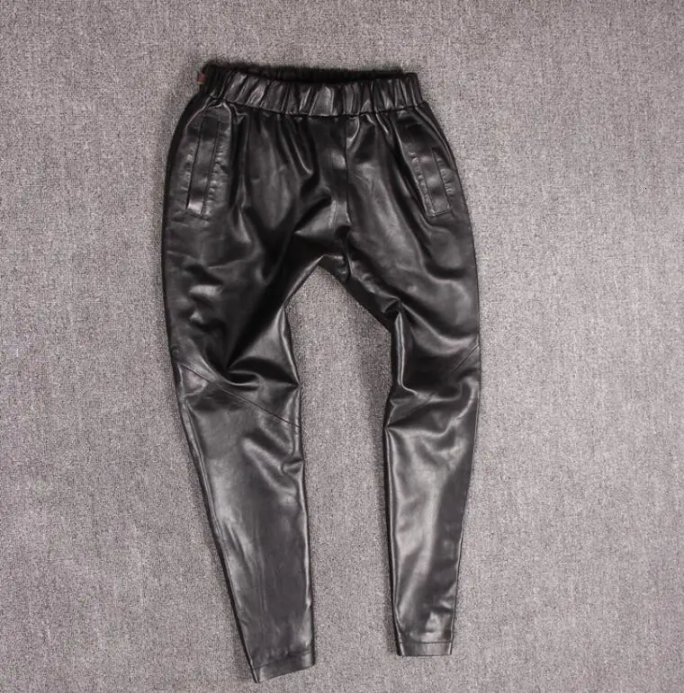 Black Ankle length Новинка, Модные осенние женские штаны из натуральной кожи с эластичной резинкой на талии, свободные штаны из овчины, Женские повседневные штаны Красного цвета - Цвет: Black Ankle length