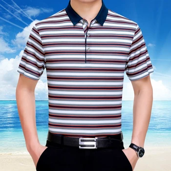 

New style in 2020 Men's short sleeve T-shirt Lapel T-shirt 100% Pure silk New summer Men's fashion casual Loose striped T-shirt