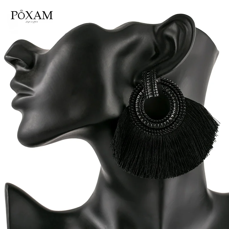 POXAM, модные серьги с большими кисточками для женщин, красные, синие, желтые шелковые ткани, длинные висячие серьги с бахромой, Boho, свадебные массивные украшения - Окраска металла: Type 26