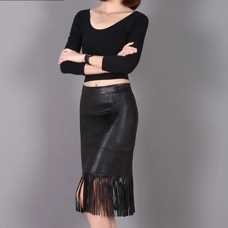 Spring New Fashion Women Tassel Knee Length Skirts Genuine leather Streetwear Casual Solid Blak Natural Sheepskin High Waist