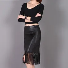 Spring New Fashion Women Tassel Knee Length Skirts Genuine leather Streetwear Casual Solid Blak Natural Sheepskin High Waist