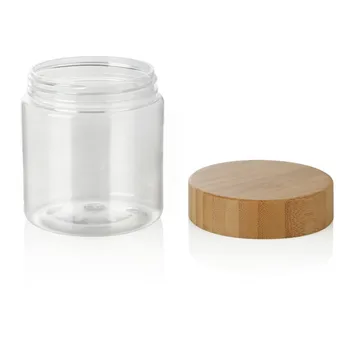 

250ml 250g PET Plastic Clear Bottle With Bamboo Cap 150g 8oz Cream Jar matte brown color PET cream jar with bamboo lid