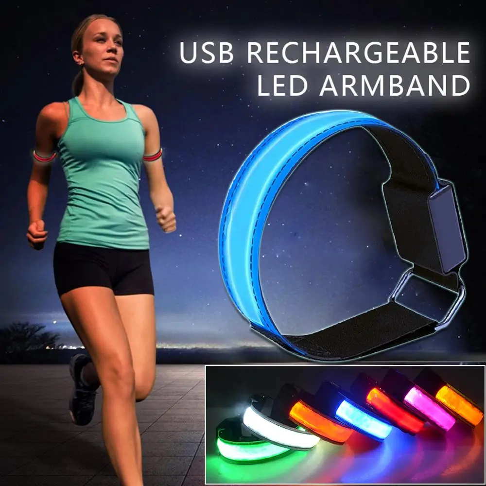 Brazalete luminoso LED recargable por USB, bandas protectivas, banda de seguridad nocturna para correr, equipo de ciclismo para corredores, Bikers, andadores, conciertos