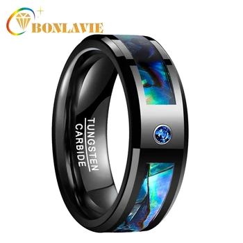 

BONLAVIE Black Tungsten Ring Abalone Shell Tungsten Steel Ring with Blue CZ Stone Finger Jewelry Men Women Wedding Ring