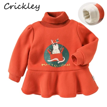 

Christmas Cartoon Penguin Girls Dress Winter Warm Fleece Kids Clothes Turtleneck Thicken Children Dresses Long Sleeve Toddler