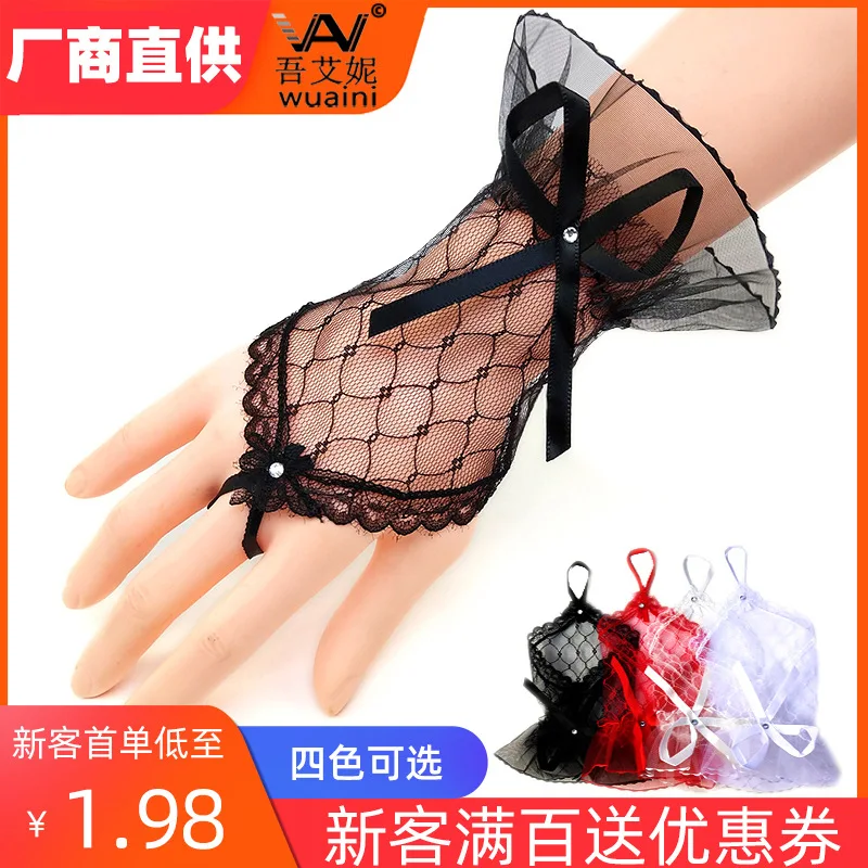 

Bride Gloves Wedding Dress Hand Cuff Short Yarn Fingerless Lace Bow Four Colors Selectable Factory Price