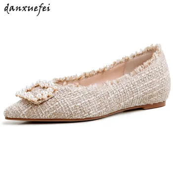 

Women's fabric fringe slip-on pointed toe ballet flats leisure soft comfortable footwear beading buckle ladies slim casual shoes