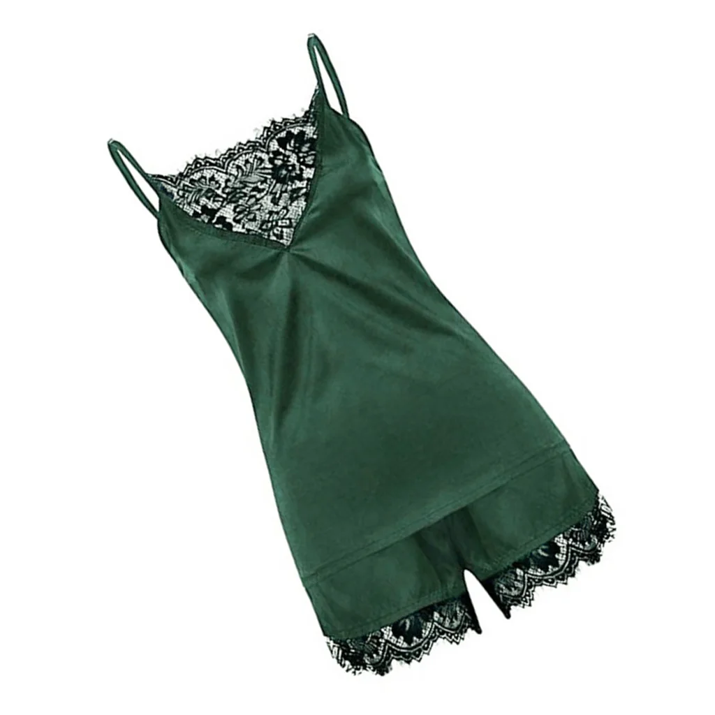 Women Ladies Sexy Lace Satin Sleepwear Cami Top and Shorts Pajama Set