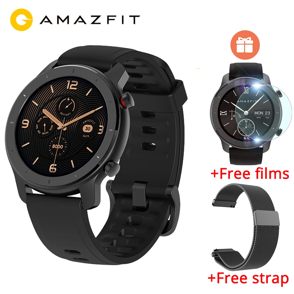 Huami, AMAZFIT GTR, 42 мм, Смарт-часы, 5 АТМ, водонепроницаемые часы, 1,2 дюймов, AMOLED, gps+ ГЛОНАСС, мужские Смарт-часы, 12 дней, срок службы батареи - Цвет: black 42mm N black