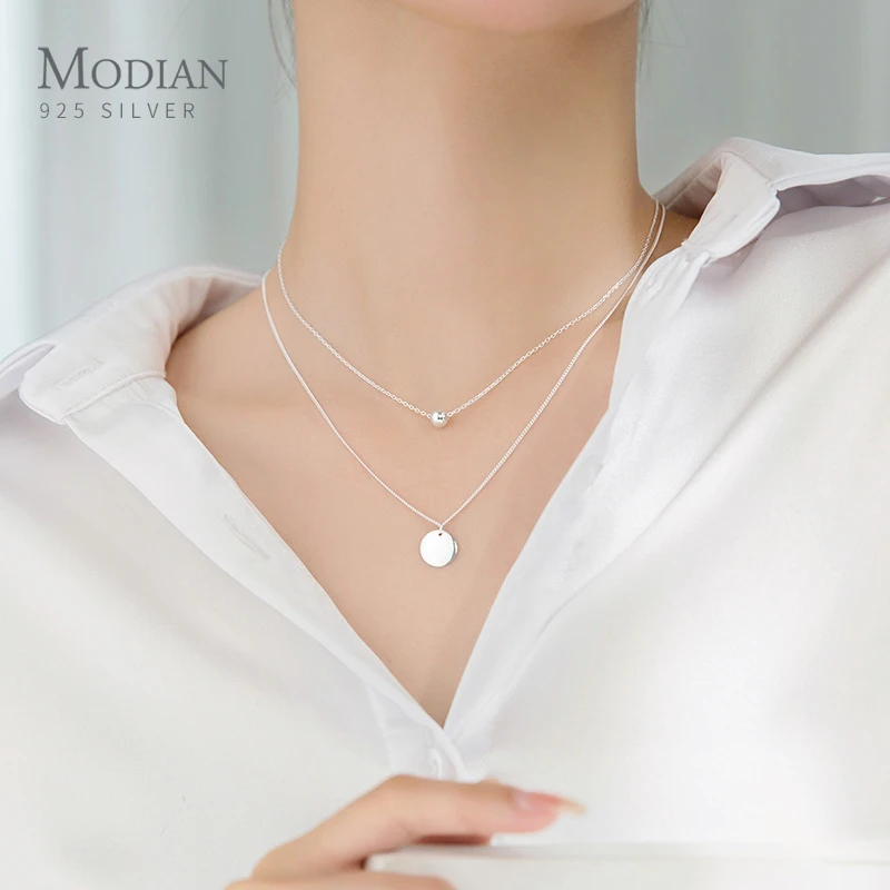Pendant Necklace Silver Necklace Silver Pendant Silver Necklace Charms Modian Simple Design Beads Ball Coin 925 Sterling Silver Pendant For Women Girl Double Layer Basic Chain Necklace Fine Jewelry