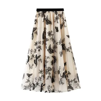 

Women Summer Long Tulle Skirt Fashion OL Casual High Elastic Waist Embroidery 3D Butterfly Midi Swing Skirt
