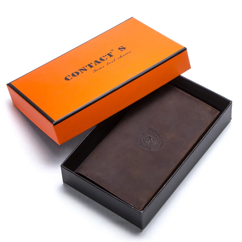 Contact's Crazy Horse Genuine Leather Men's Long Wallets For Cell Phone Vintage Hasp Clutch Wallets Male Card Holders Slim Purse - Цвет: Coffee Box