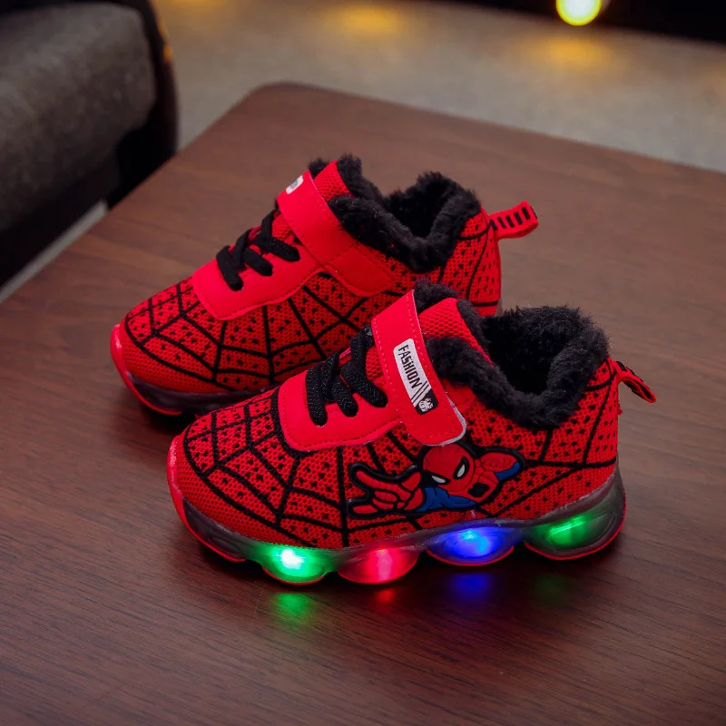 Кроссовки для мальчиков и девочек с изображением Человека-паука; детская обувь с подсветкой; кроссовки; коллекция года; сезон весна-осень; обувь для детей; обувь для маленьких девочек - Цвет: Red Fur
