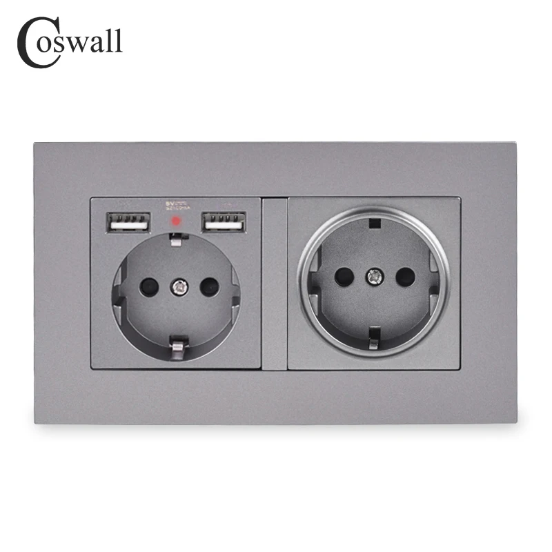 COSWALL 2 банды Россия Испания стандарт ЕС розетка с 2 USB порт зарядки скрытый мягкий светодиодный индикатор ПК Панель черный белый серый
