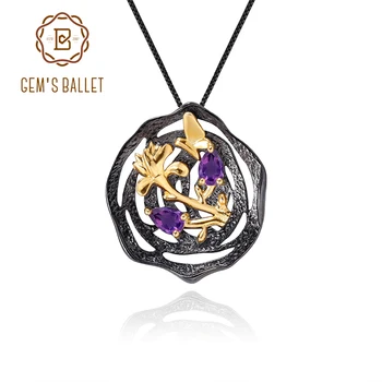 

GEM'S BALLET Black and 18k Gold Over 925 Sterling Silver Handmade Butterfly Flower Natural Amethyst Pendant Necklace for Women