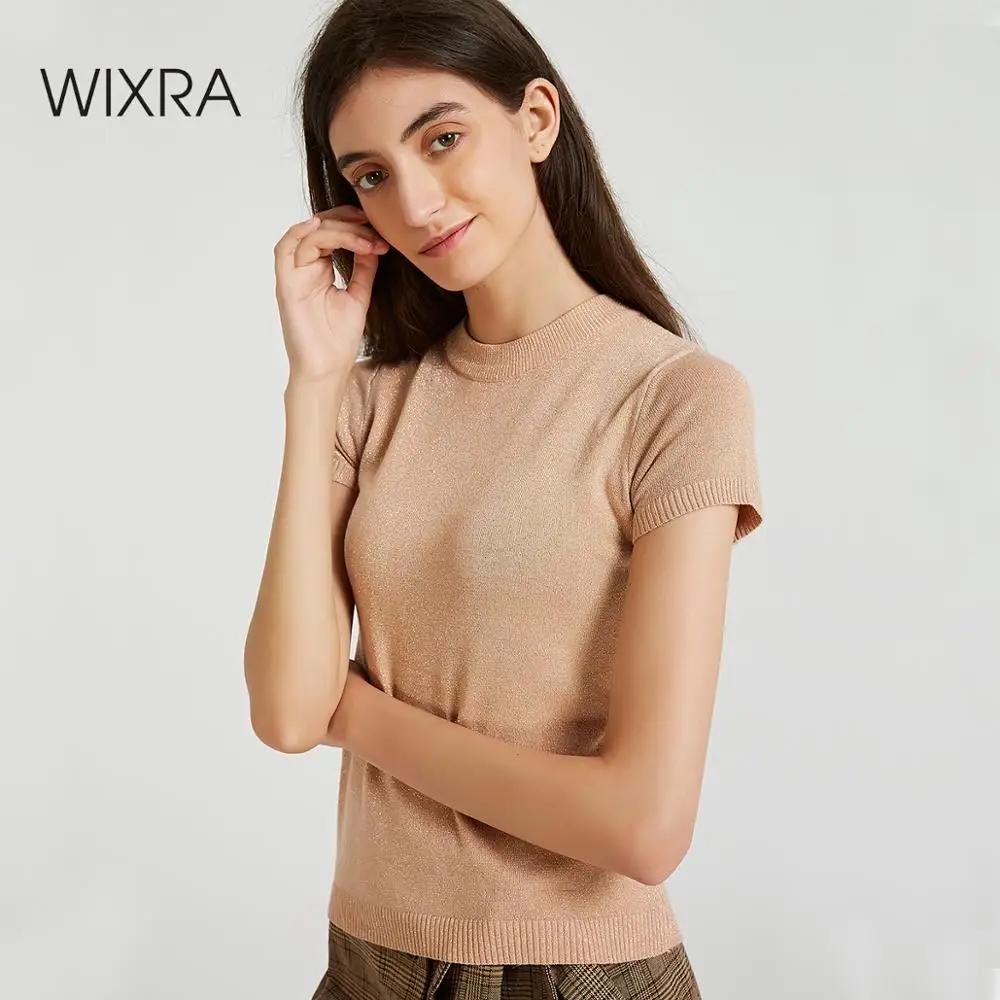 

Wixra Women Basic Short Sleeve Soft Sweaters O-Neck Soft Slim Elasticity Pullovers Solid Color Shiny Knitted Tops Summer Autumn