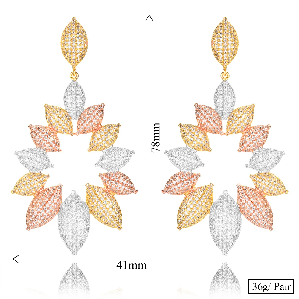 Luxury African Dubai Big Flower Dangle Earrings For Women Wedding Cubic Zircon CZ Indian Bridal Earrings серьги женские