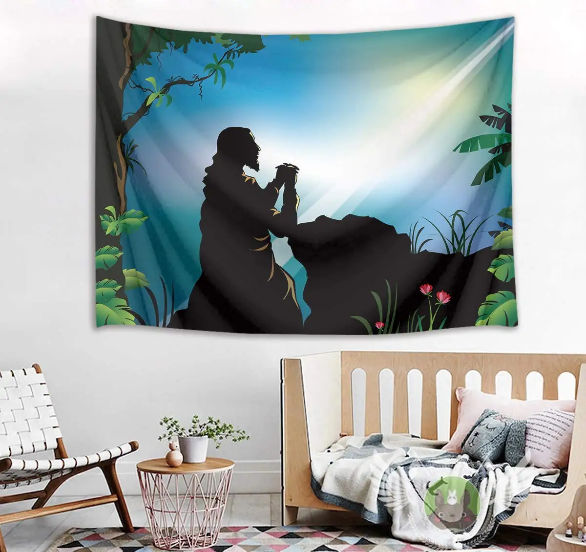 

Jesus Pray with Holy Lights Wall Hanging Forest Tapestries for Bedroom Living Room Dorm Decor