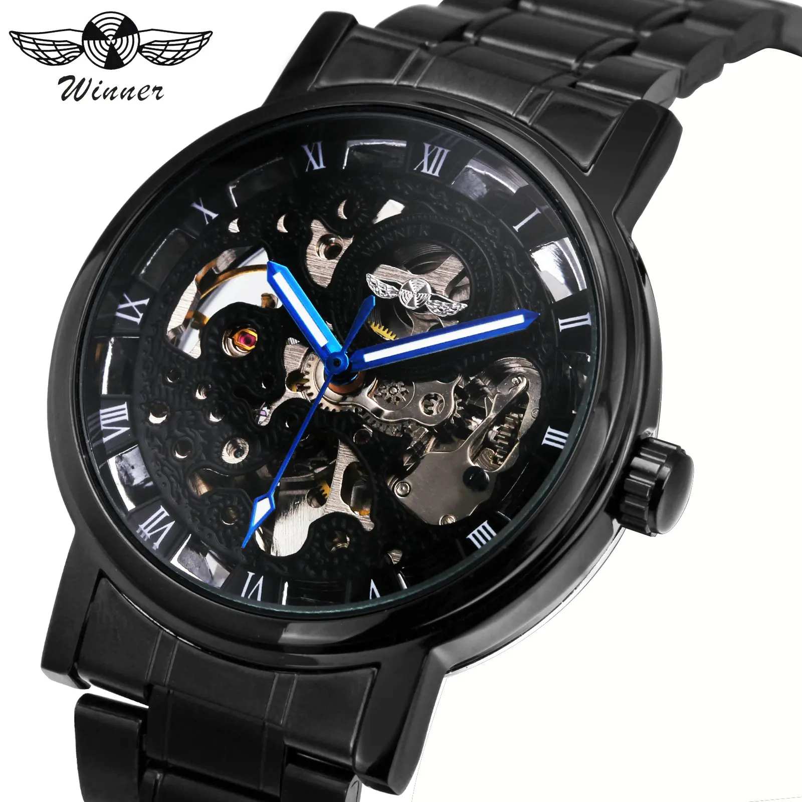 WINNER Ретро Бизнес автоматические механические часы для мужчин черный ремешок из