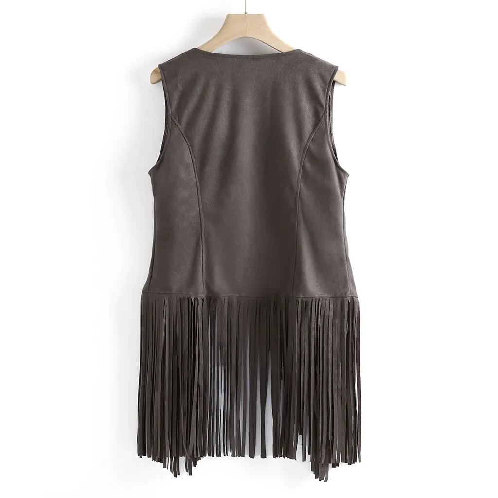 Women Autumn Winter Suede Ethnic Sleeveless Tassels Fringed Vest Cardigan