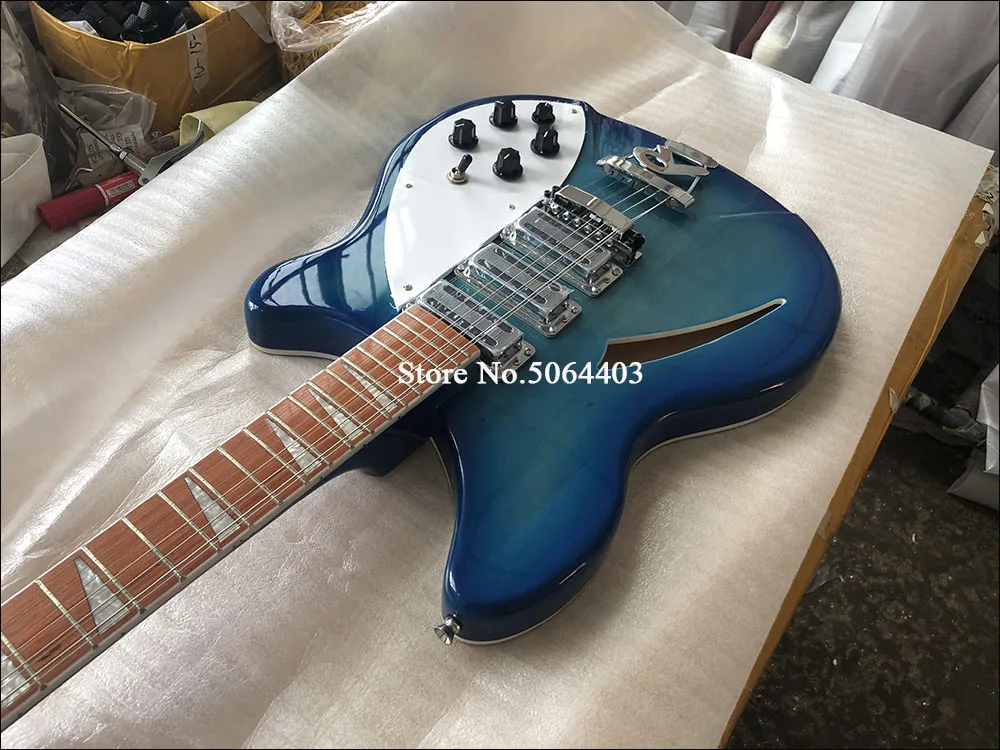 12 струнная гитара, 360 электрогитара, синяя краска, гриф из красного дерева, полупустая гитара