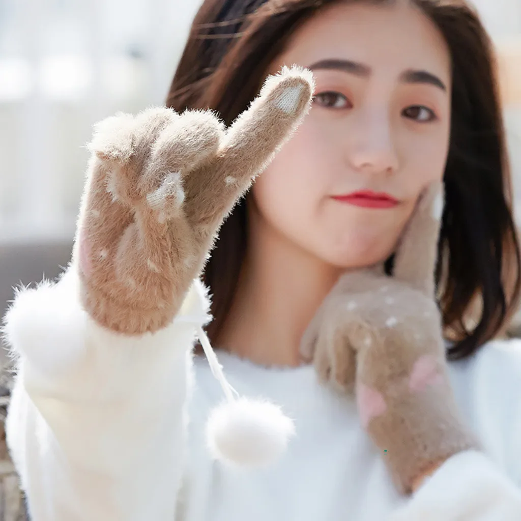 Вязаные перчатки с принтом kawaii, Зимние перчатки для сенсорного экрана, женские и мужские теплые эластичные варежки, женские утепленные варежки