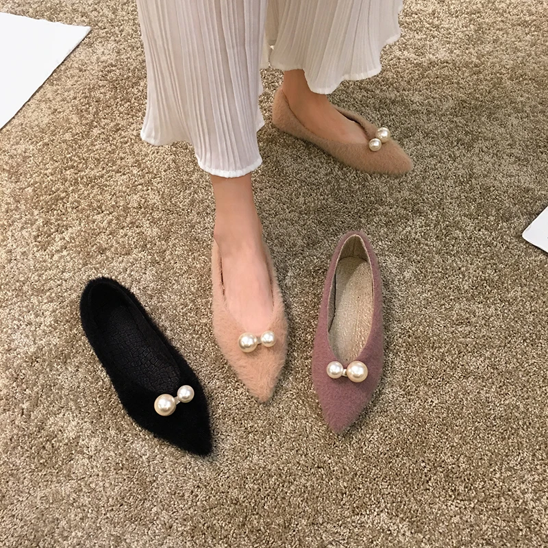 String bead pointed toe fur loafers solid shallow celebrities shoes woman tender slip on flats tassel femme furry moccasins