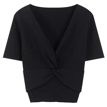 

Runway Design V-Neck Slim Fit Summer T-Shirt Tops Women Solid Short Sleeve Knitted Ruched Tees Female Streetwear Ladies Tops