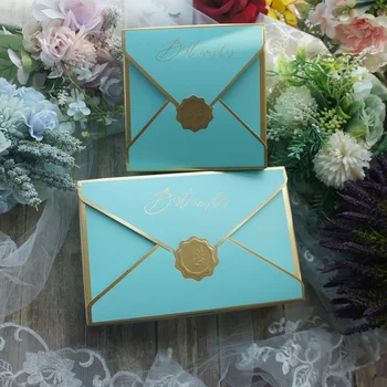 

10pcs Envelop Gold Blue-green Best Wish Design Cookie Macaron Candy Paper Box Wedding Birthday Party Gifts Packaging Boxes