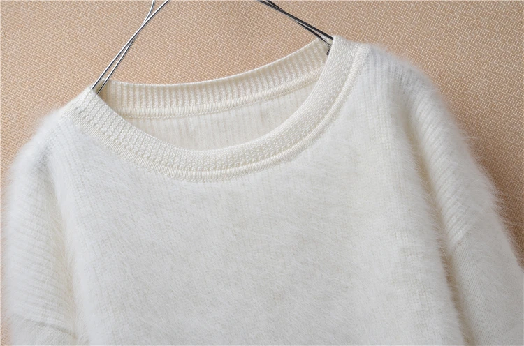 Двойной 11 Горячая Распродажа, женский свитер, сексуальный белый базовый пуловер из кроличьей шерсти с круглым вырезом и длинными рукавами, норковая кашемировая тонкая женская одежда
