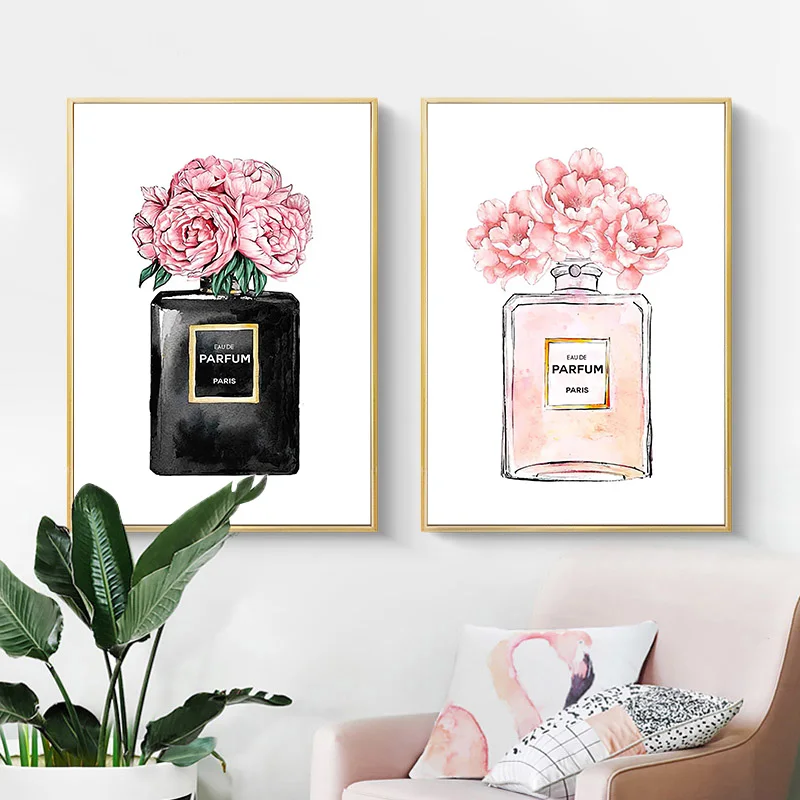 Chanel No 5 Paris Parfum Bottle Pink Watercolour Beauty Home Decor