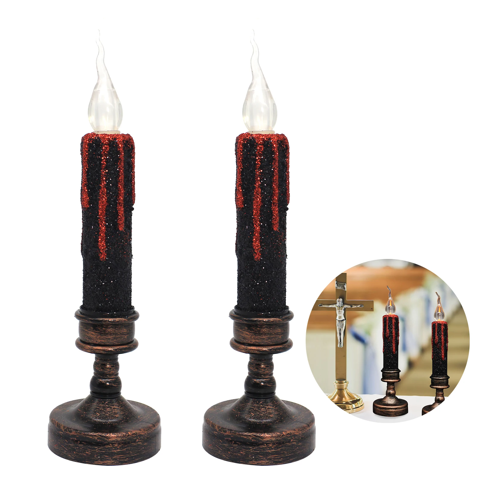 2pcs Halloween Candle Light LED Yellow Flash Candlestick Table Top Decoration Party Happy Decor For Home | Дом и сад