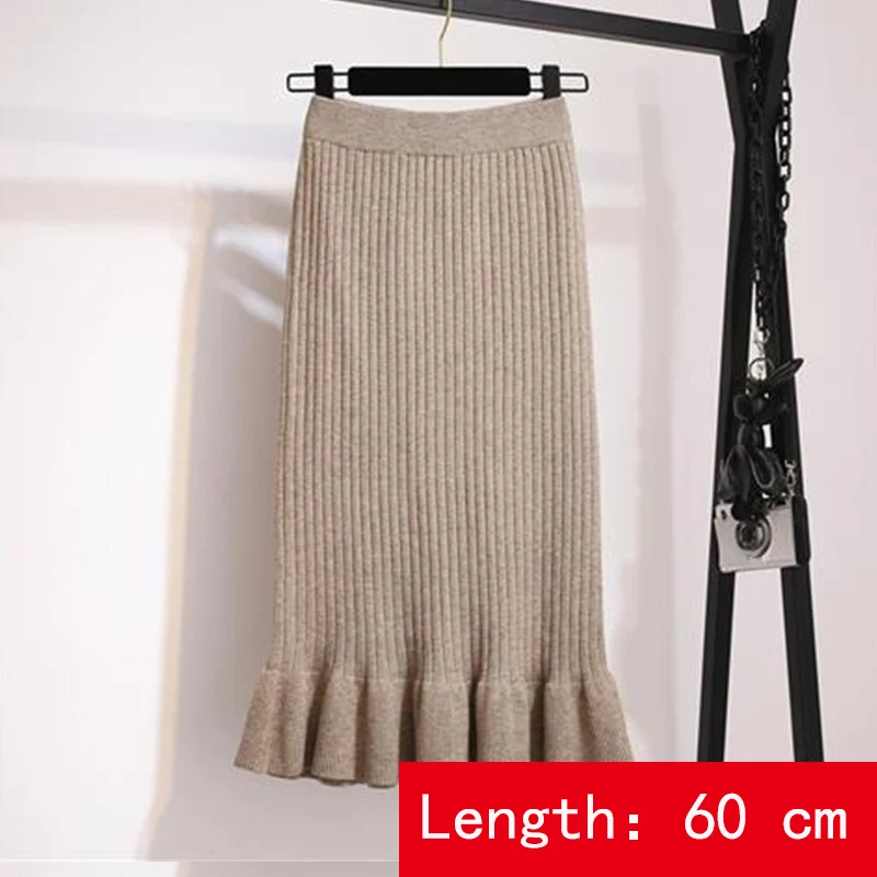 Женские юбки с эластичной резинкой на 60-70 см, осенне-зимняя теплая трикотажная прямая юбка, ребристая юбка средней длины в рубчик, черная юбка-годе - Цвет: khaki-60 cm