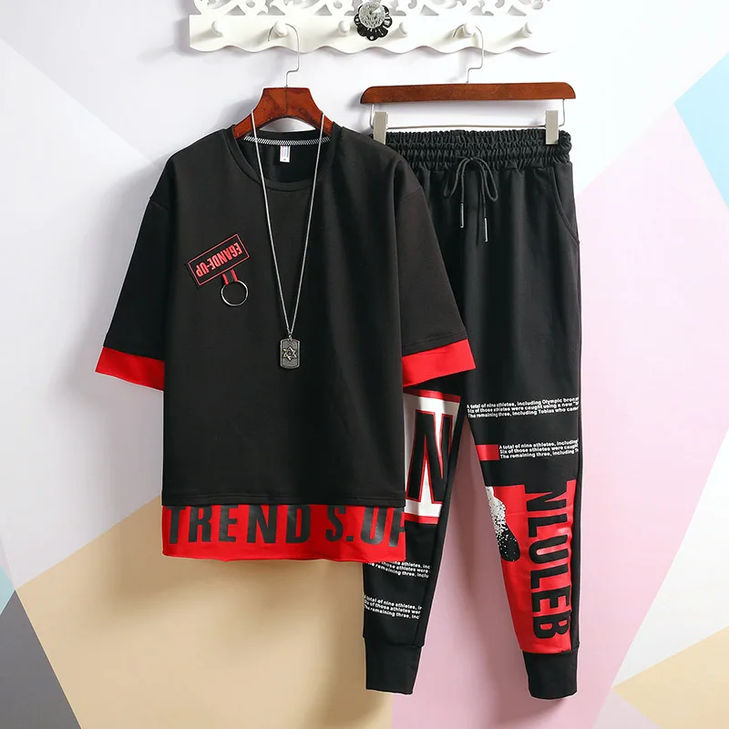

2019 Summer New Style Hong Kong Style Loose-Fit Streetwear Women's Printed Letter Middle Sleeve T-shirt Capri Pants Fashion Leis