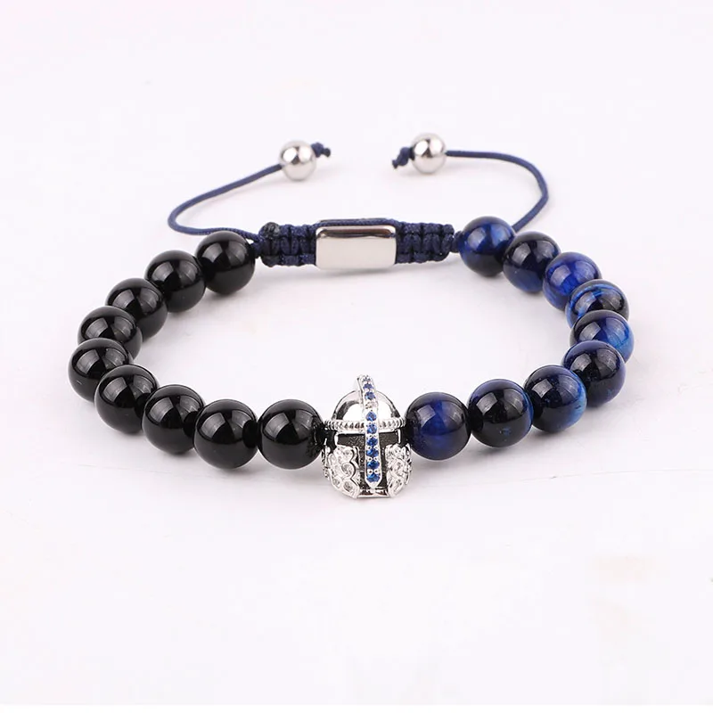 New Design Natural Stone Beads Blue Tiger Eye Helmet Charm Macrame Adjustable Bracelet Men - Image 4