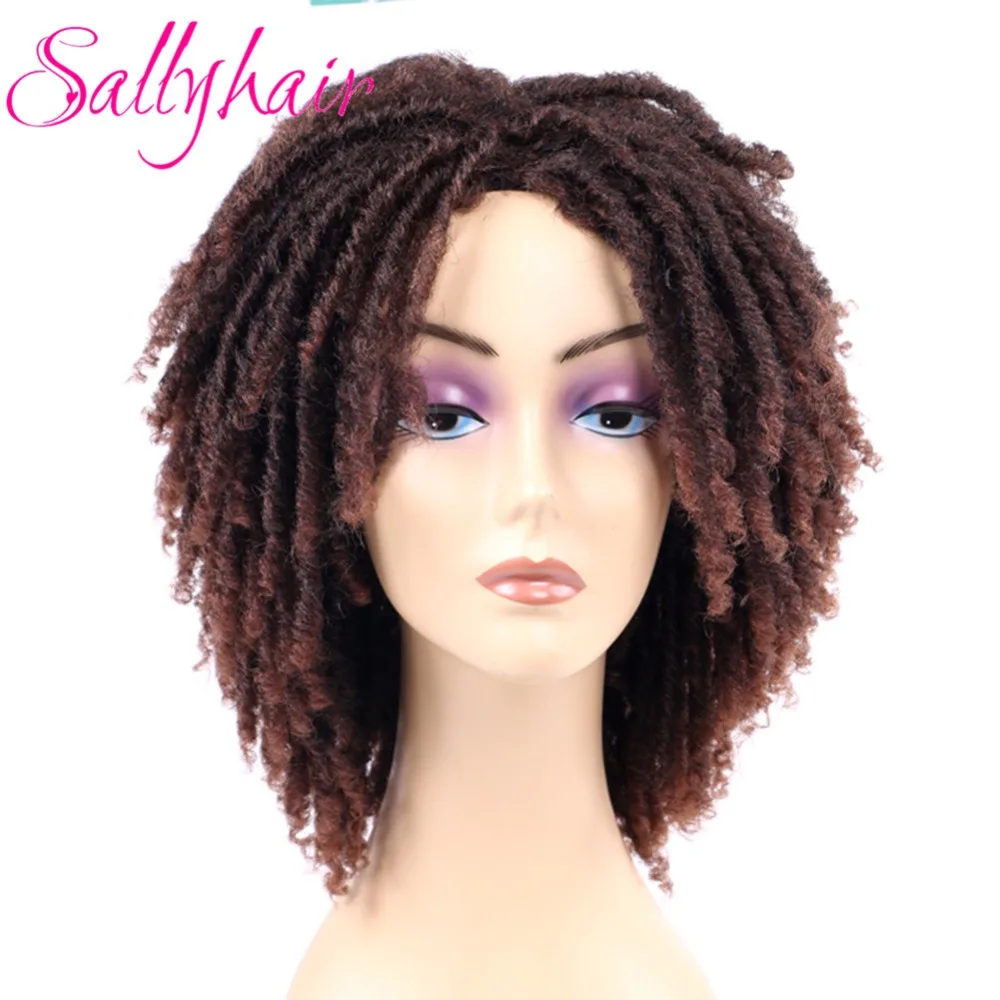 Dreadlock Hair Wig for Black Woman 14 inch Black Ombre Burgundy Brown Color Short Curly Faux Locs Braids Wigs (1)