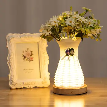

Led Rattan Vase Table Lamp Flower Basket Ribbon Desk Lamp Plastic Artificial Rattan Vase Light Party Wedding Bedroom Decor Lamp