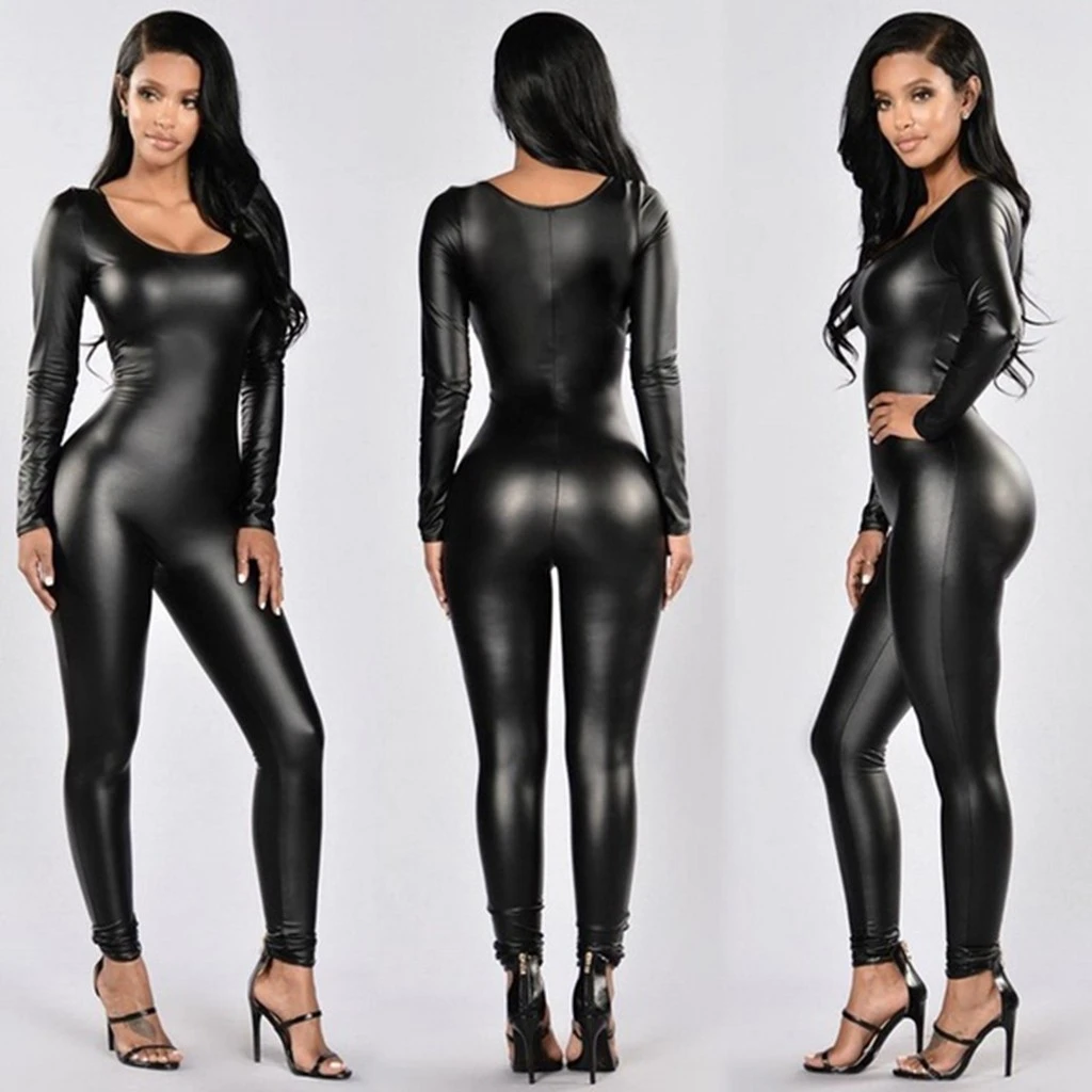 May Turning front Seksi siyah tulum kadın PU deri uzun kollu fermuar artı boyutu Bodysuit  lateks Catsuit gece elbisesi Bodysuit tulumlar Streetwear| | - AliExpress