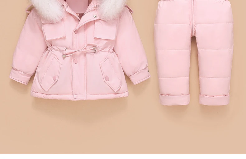 Бежевый Детский Зимний комбинезон, комплект из 2 предметов плотная пуховая куртка с капюшоном, верхняя одежда+ теплый комбинезон, лыжный костюм для маленьких мальчиков и девочек