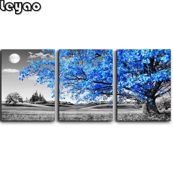 

Diamond Painting Cross Stitch Abstract Painting Blue Tree Black And White Moon Landscape Triptych Painting Diamond Embroidery