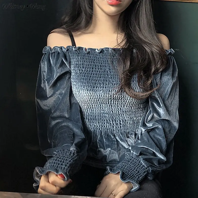 WHITNEY WANG блузки женские Осенняя модная Уличная Сексуальная блуза с вырезом лодочкой из эластичного бархата женские блузы рубашки топы - Цвет: Синий