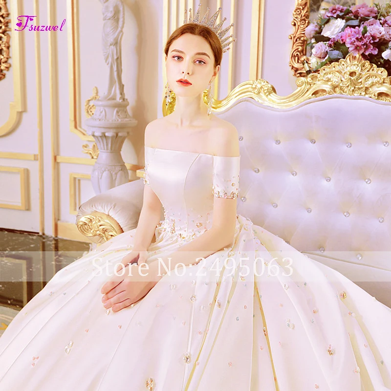 Fsuzwel Vestido de Noiva кружевной вырез лодочкой A-Line Свадебные платья Роскошные, украшенные кристаллами Часовня свадебное платье с длинным подолом плюс размер