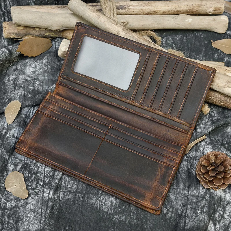 Cartera larga de cuero de Caballo loco para hombre, billetera