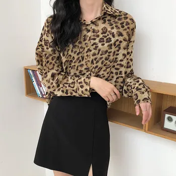 

Fashion Women Leopard Blouse Long Sleeve Retro Shirt Ladies Top Shirt Streetwear Blusas Femininas Elegante Plus Size