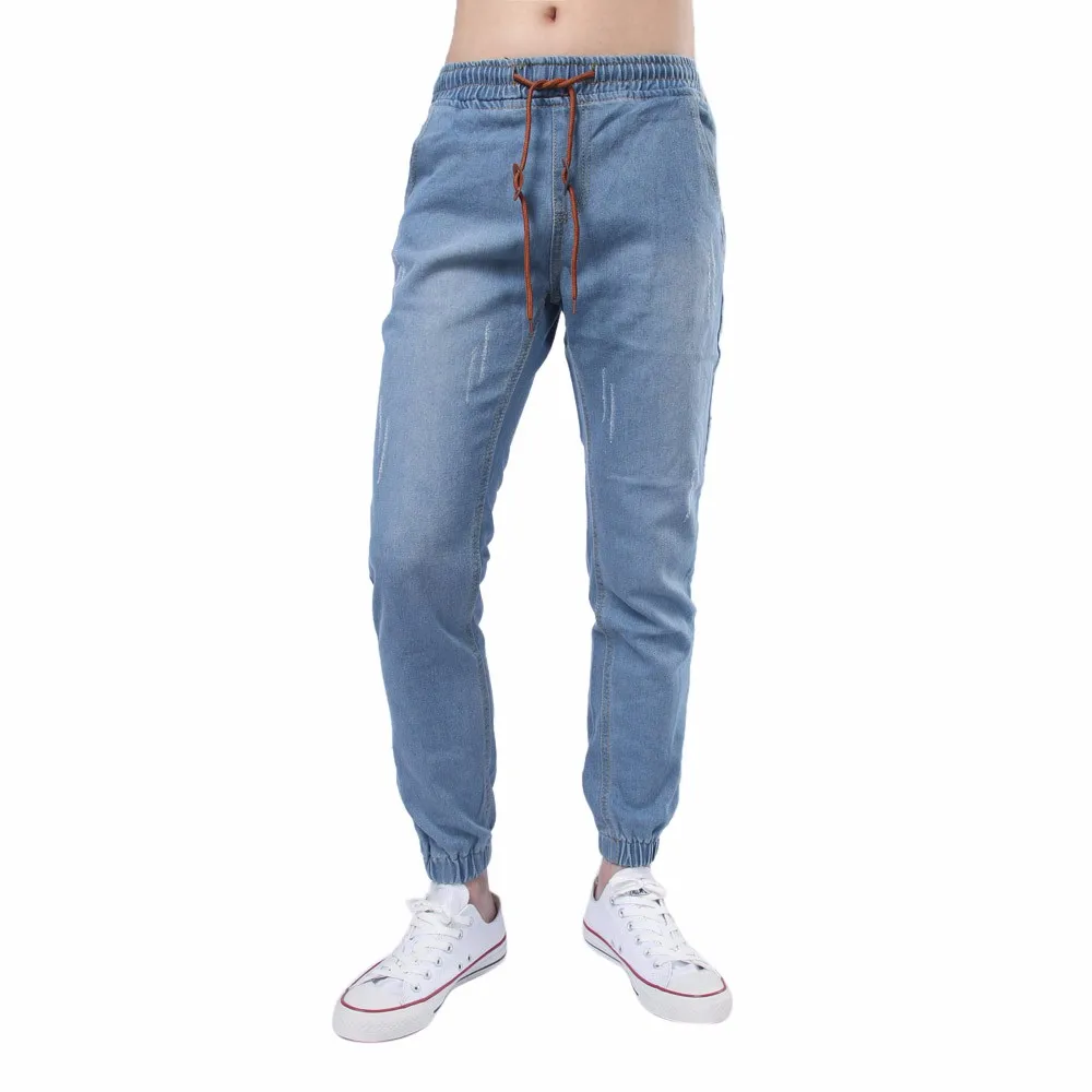 Light blue Зимние мужские брюки джинсы на шнурке плотные манжеты винтажные удобные джинсовые брюки спортивная одежда для бега мешковатые брюки pantalon homme 8,13 - Цвет: Light blue